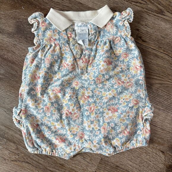 Ralph Lauren Baby Girl 3 Months Bubble Romper Floral Vintage Collar Ruffle - Picture 1 of 4